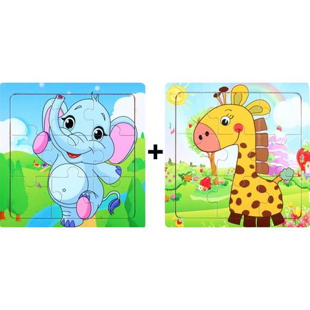 Aslan Toys Houten Puzzel Set - Dieren Puzzel: Olifant en Giraffe - 2 x 9 stukjes