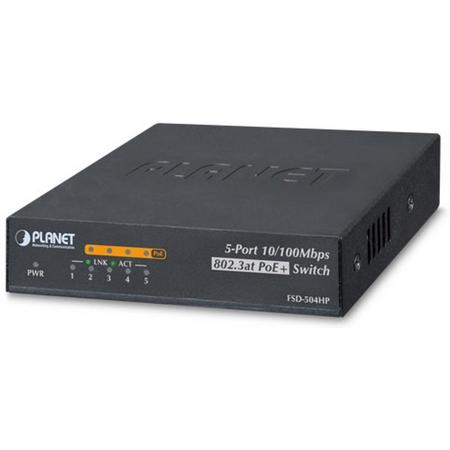Planet FSD-504HP Onbeheerde netwerkswitch L2 Fast Ethernet (10/100) Power over Ethernet (PoE) Zwart netwerk-switch