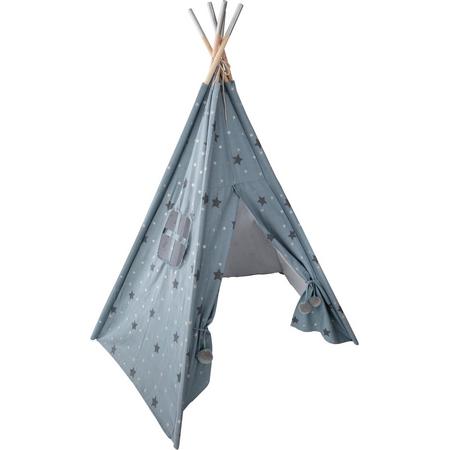 Atmosphera Kinder - Tipi tipi wigwam- blauw met grijze en zilveren sterren - Speeltent - Hoogte 160 cm - Katoen