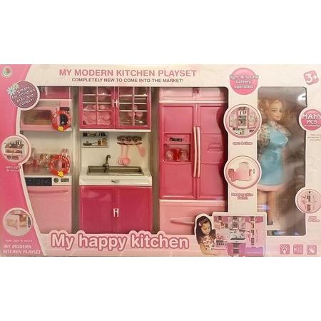 My Happy Kitchen Playset - Barbiepop -  Speelkeuken met Pop en Licht en Geluid - Kinderkeuken - Meisjes Keuken - Speelgoed