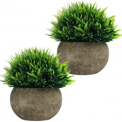 Belle Vous Mini Artificiële Pot Planten (2 Pak) – Nep Groene Gras Bosjes met Grijze Pot – Kleine Faux Plastic Binnen & Buiten Huis Decor, Kantoor & Badkamer Aankleding Decoratie