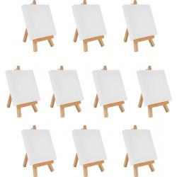 Belle Vous Mini Kunst Canvas met Houten Ezel (10 Pak) – L10 x B10 cm – Voorgerekt en Blank Gegrondverfd Canvas – Tafel Top Ezels Voor Olie en Acryl Verf & Tekenen Voor Kinderen