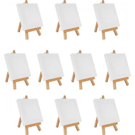 Belle Vous Mini Kunst Canvas met Houten Ezel (10 Pak) – L10 x B10 cm – Voorgerekt en Blank Gegrondverfd Canvas – Tafel Top Ezels Voor Olie en Acryl Verf & Tekenen Voor Kinderen
