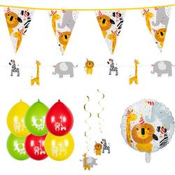 Feestpakket Safari Dieren 11 Stuks - Boland - Vlaggenlijn - Slinger - Ballonnen - Hangdecoratie - Folieballon