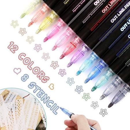 BOTC Stiften - kleurpotloden - 12 kleuren Metallic Outline Markers Pennen -12 kleuren