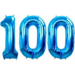Folie Ballon Cijfer 100 Jaar Blauw Verjaardag Versiering Helium Cijfer Ballonnen Feest versiering Met Rietje - 86Cm
