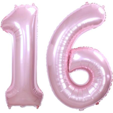 Folie Ballon Cijfer 16 Jaar Roze  86Cm Verjaardag Folieballon Met Rietje