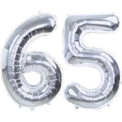 Folie Ballon Cijfer 65 Jaar Zilver Verjaardag Versiering Helium Cijfer Ballonnen Feest versiering Met Rietje - 86Cm