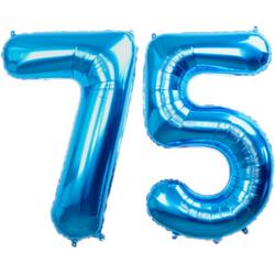 Folie Ballon Cijfer 75 Jaar Blauw Verjaardag Versiering Helium Cijfer Ballonnen Feest versiering Met Rietje - 86Cm