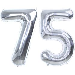 Folie Ballon Cijfer 75 Jaar Zilver Verjaardag Versiering Helium Cijfer Ballonnen Feest versiering Met Rietje - 86Cm