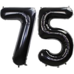 Folie Ballon Cijfer 75 Jaar Zwart Verjaardag Versiering Helium Cijfer Ballonnen Feest versiering Met Rietje - 86Cm