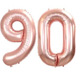 Folie Ballon Cijfer 90 Jaar Rose goud Verjaardag Versiering Helium Cijfer Ballonnen Feest versiering Met Rietje - 86Cm