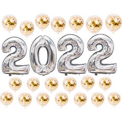 Oud en nieuw feest artikelen zilver - Happy New Year - Babydouche cijfer ballonnen decoratie - 2022 feest versiering