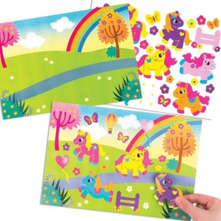 Een vel met een landschap met regenboog en ponystickers voor kinderen om te ontwerpen, maken en op te hangen – creatieve stickerknutselset voor kinderen (verpakking van 4)