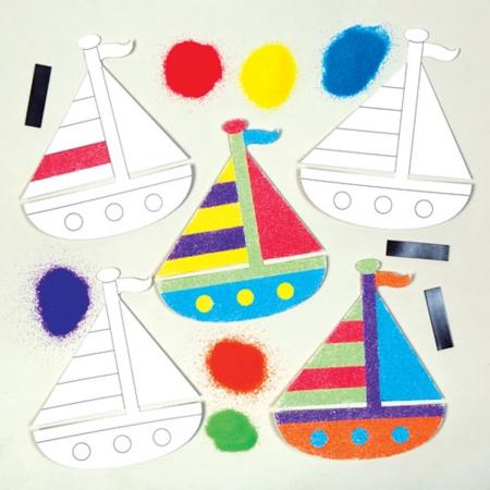 Magneetsets met zandkunst in de vorm van zeilboten die kinderen kunnen maken en tonen – creatieve zomerknutselset voor kinderen (6 stuks per verpakking)
