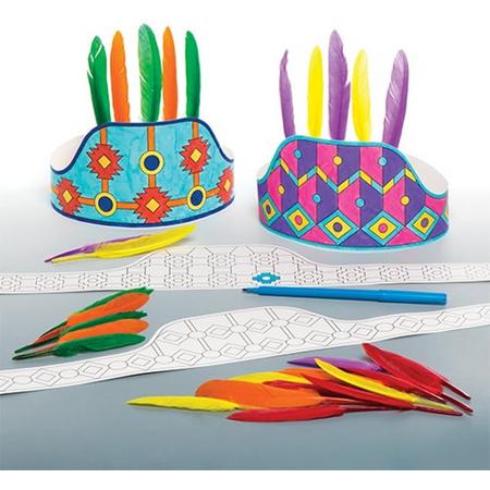 Sets met inkleurbare indianen-hoofdtooien voor kinderen om te maken en versieren - Knutselset voor kinderen (4 stuks per verpakking)