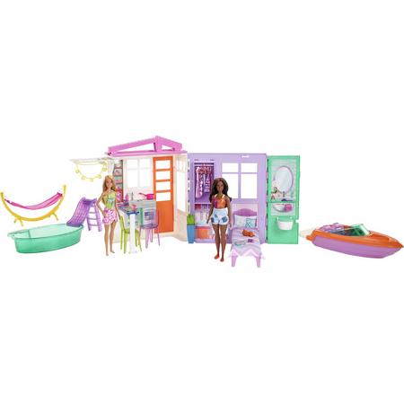 Barbie - zomerhuis met zwembad, boot en hangmat - gemakkelijk mee te nemen barbiehuis