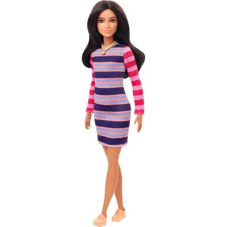 Barbie Fashionistas Pop 147 met lang bruin haar en gestreepte jurk