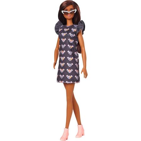 Barbie Fashionistas pop 140 met lang bruin haar en jurk met muizenprint