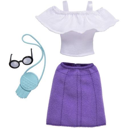Barbie Kledingset wit shirt met paarse rok, tasje en bril