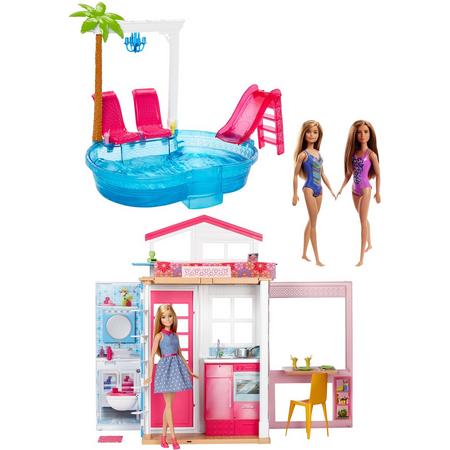 Barbiehuis met Zwembad en 3 Barbiepoppen
