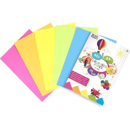 Set gekleurd A4 papier in 5 felle neon kleuren / fluor (2x roze, oranje, geel, groen)