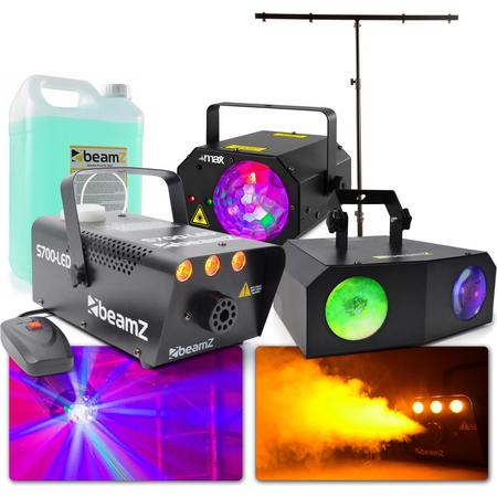 Feestverlichting - BeamZ Party pack XXL partyverlichting met laser, lichteffecten, rookmachine met rookvloeistof en lichtstandaard