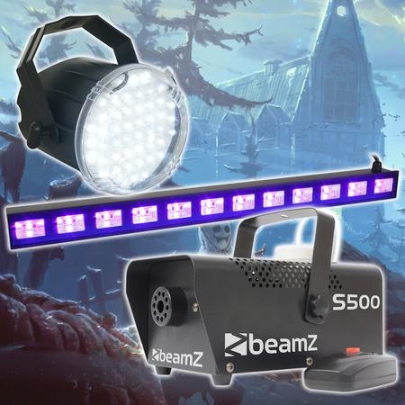 Halloween lichteffect set met grote stroboscoop, Blacklight LED bar en S500 Rookmachine