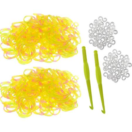 600 Loom elastiekjes, loombandjes in geel fuchsia kleur met weefhaken en S-clips