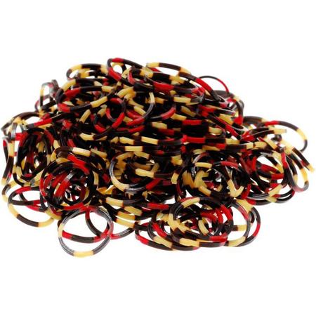 600 Loom elastiekjes, loombandjes in zwart rood geel kleur met weefhaken en S-clips