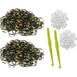 600 loom elastiekjes leger army kleur zwart-groen-beige met weefhaken en S-clips voor eindeloos speelplezier met deze loombandjes