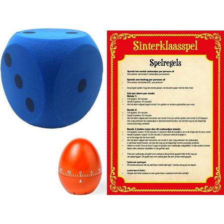 Sinterklaas spel met blauwe dobbelsteen en timer/wekker/alarm - Pakjesavond Sinterklaasspel dobbelstenen set