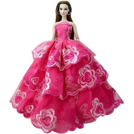 Barbiepop trouwjurk- Bruidsjurk- Prinsessenjurk voor barbiepop - Roze lange jurk - barbiekleding- galajurk- Bellasupplies
