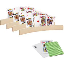 4x stuks Speelkaarthouders - inclusief 54 speelkaarten groen geruit - hout - 35 cm - kaarthouders