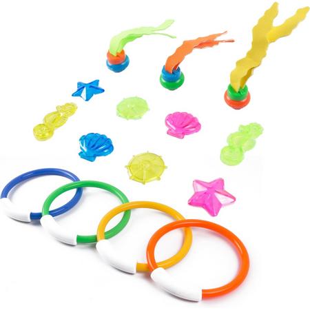 Set van 15x stuks gekleurde duikspeeltjes van kunststof - Zwembad speelgoed - Waterspeelgoed - Duikspeelgoed