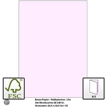 Benza Papier - Gekleurd Printpapier Hobbykarton 240 Gr. (Gram) A5 - Lila - 30 Stuks (Wenskaarten)