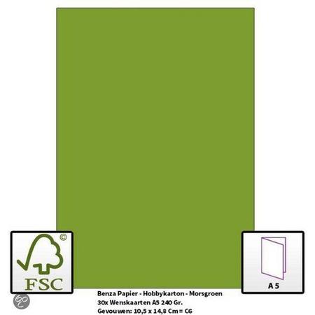 Benza Papier - Gekleurd Printpapier Hobbykarton 240 Gr. (Gram) A5 - Morsgroen - 30 Stuks (Wenskaarten)