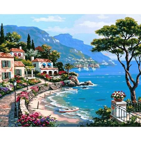 Best Pause Mediterraans Dorp - Schilderen op nummer - 40x50 cm - DIY Hobby Pakket