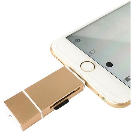 Flashdrive, USB stick, SD kaart lezer, voor o.a. iPhone 5, 5s, 6, 6s, 7, 7 Plus & iPads met lightning poort. USB aansluiting en Micro USB aansluiting voor Samsung telefoons en PCs.