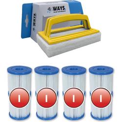   - Type I filters geschikt voor filterpomp 58381 - 4 stuks & WAYS scrubborstel