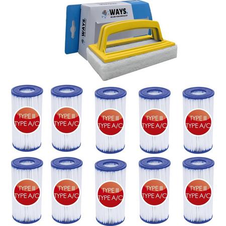 Bestway - Type III filters geschikt voor filterpomp 58389 - 10 stuks & WAYS scrubborstel