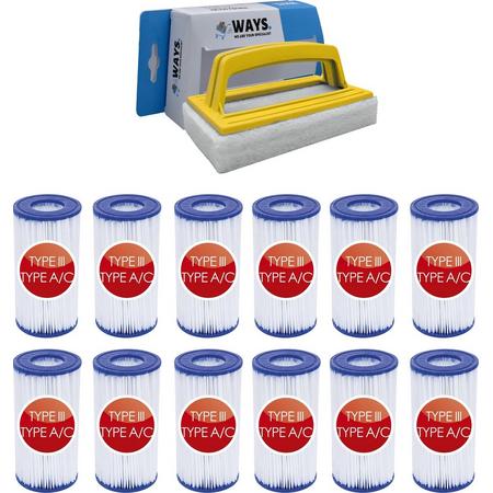 Bestway - Type III filters geschikt voor filterpomp 58389 - 12 stuks & WAYS scrubborstel