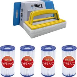   - Type III filters geschikt voor filterpomp 58389 - 4 stuks & WAYS scrubborstel