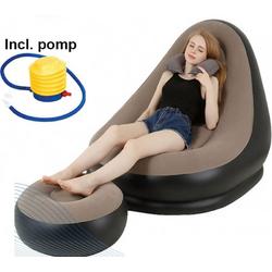   opblaasbare stoel met poef incl. pomp - poef rond - opblaasbaar - luchtbed - relax stoel met voetenbank - bean bag - bruin/zwart