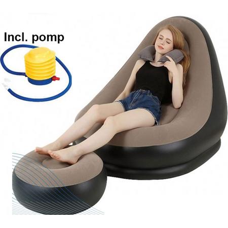 Blowchair opblaasbare stoel met poef incl. pomp - poef rond - opblaasbaar - luchtbed - relax stoel met voetenbank - bean bag - bruin/zwart