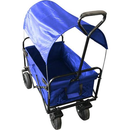 Bolderkar / Bolderwagen opvouwbaar blauw met luxe PU wielen, huif en opberghoes