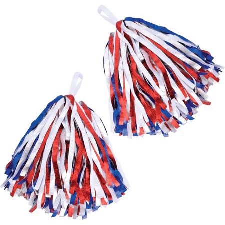 Setje van 4x stuks Cheerballs/pompoms in het rood/wit/blauw - Cheerleaders verkleed accessoires