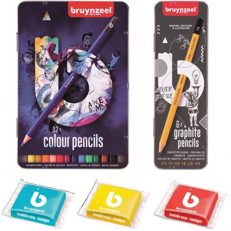 Bruynzeel Teens pakket kleurpotloden, kneedgummen en grafietpotloden