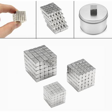 216 kleine vierkante sterke magneten in blikje - 3x3x3mm - Buckyballs - Neocubes zilver