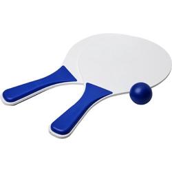 Blauw/witte beachball set buitenspeelgoed - Houten beachballset - Rackets/batjes en bal - Tennis ballenspel